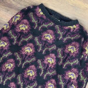 Vintage New River J Riggings Hand Knitted Floral Sweater XL Black Purple 90s